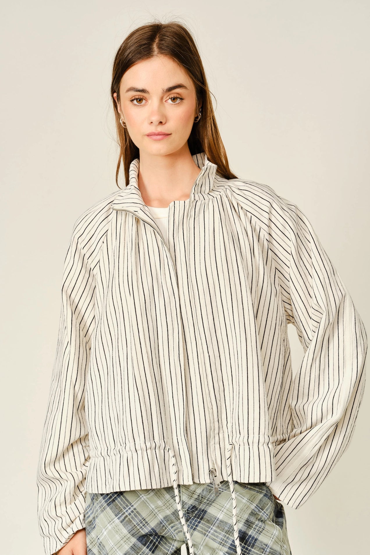 Pinstripe Funnel Neck Balloon Jacket