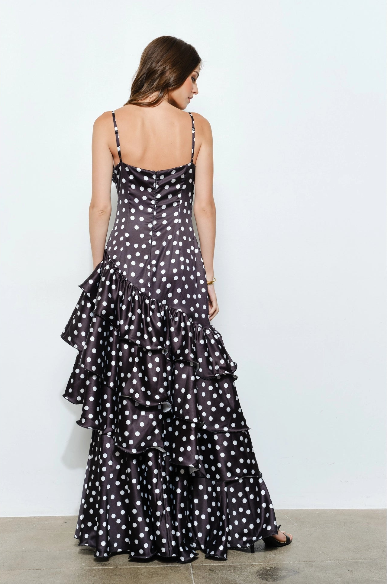 Satin Polka Dot Ruffle Maxi Dress - Black