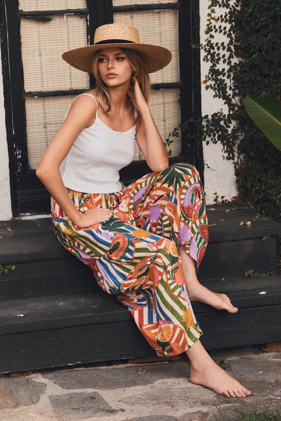 Tropical Print Wide Leg Pants
