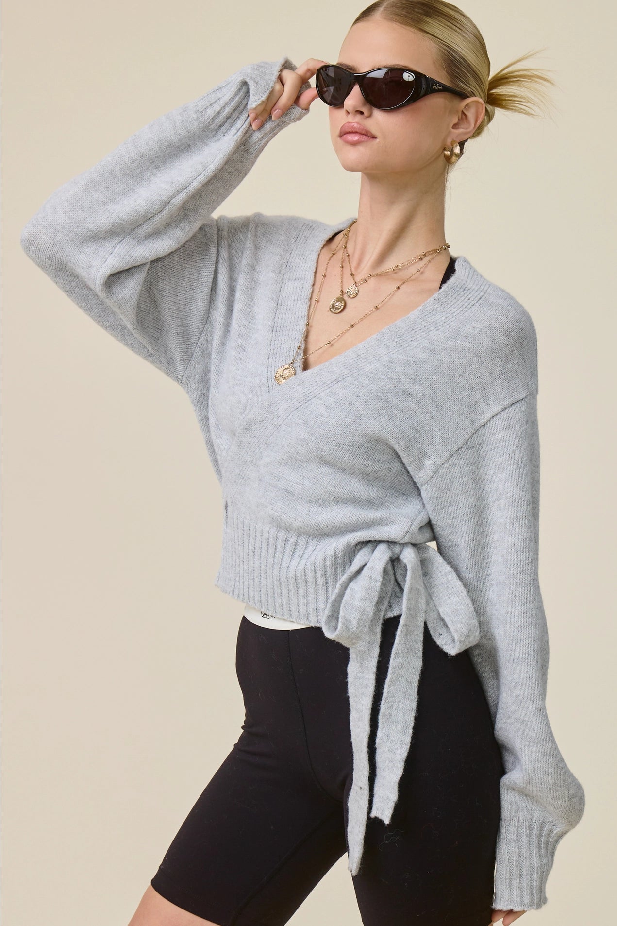 Wrap Tie Knit Sweater - Heather Grey