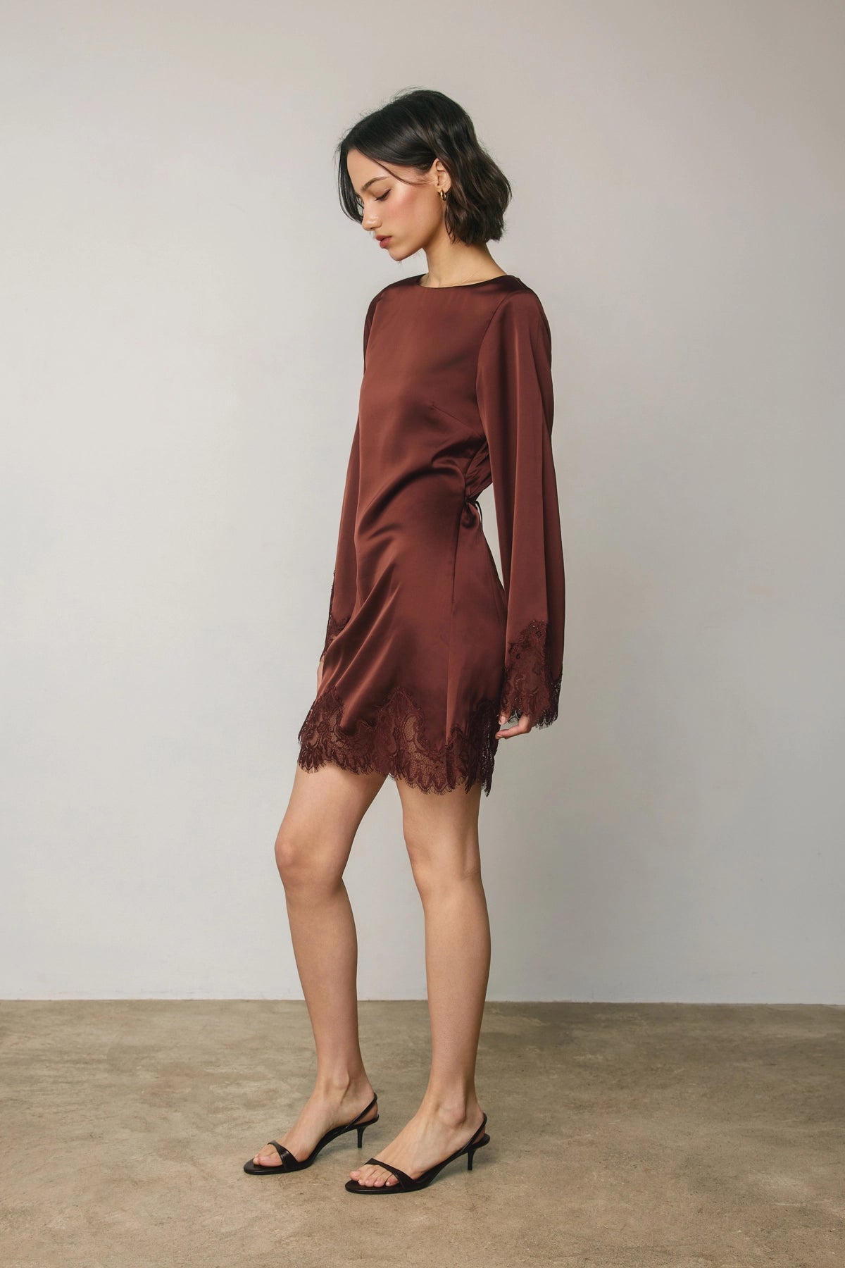 Satin Lace Mini Dress - Rum Raisin