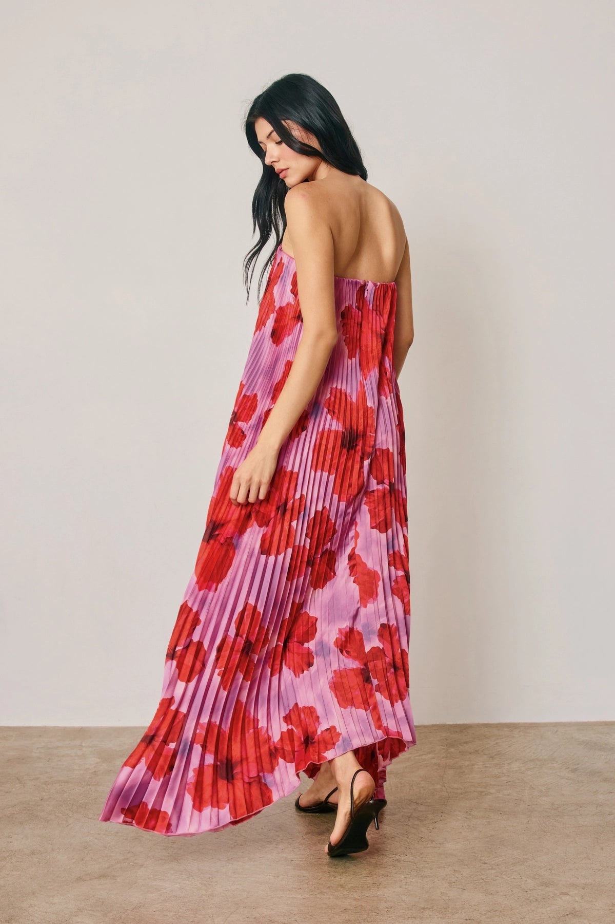 Tropical Floral Pleated Maxi Dress - Hibiscus Bloom