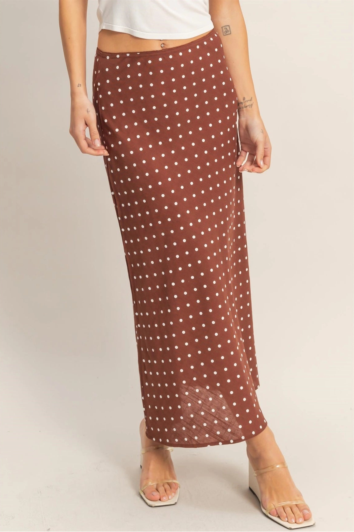 Polka Dot A-line Maxi Skirt - Brown
