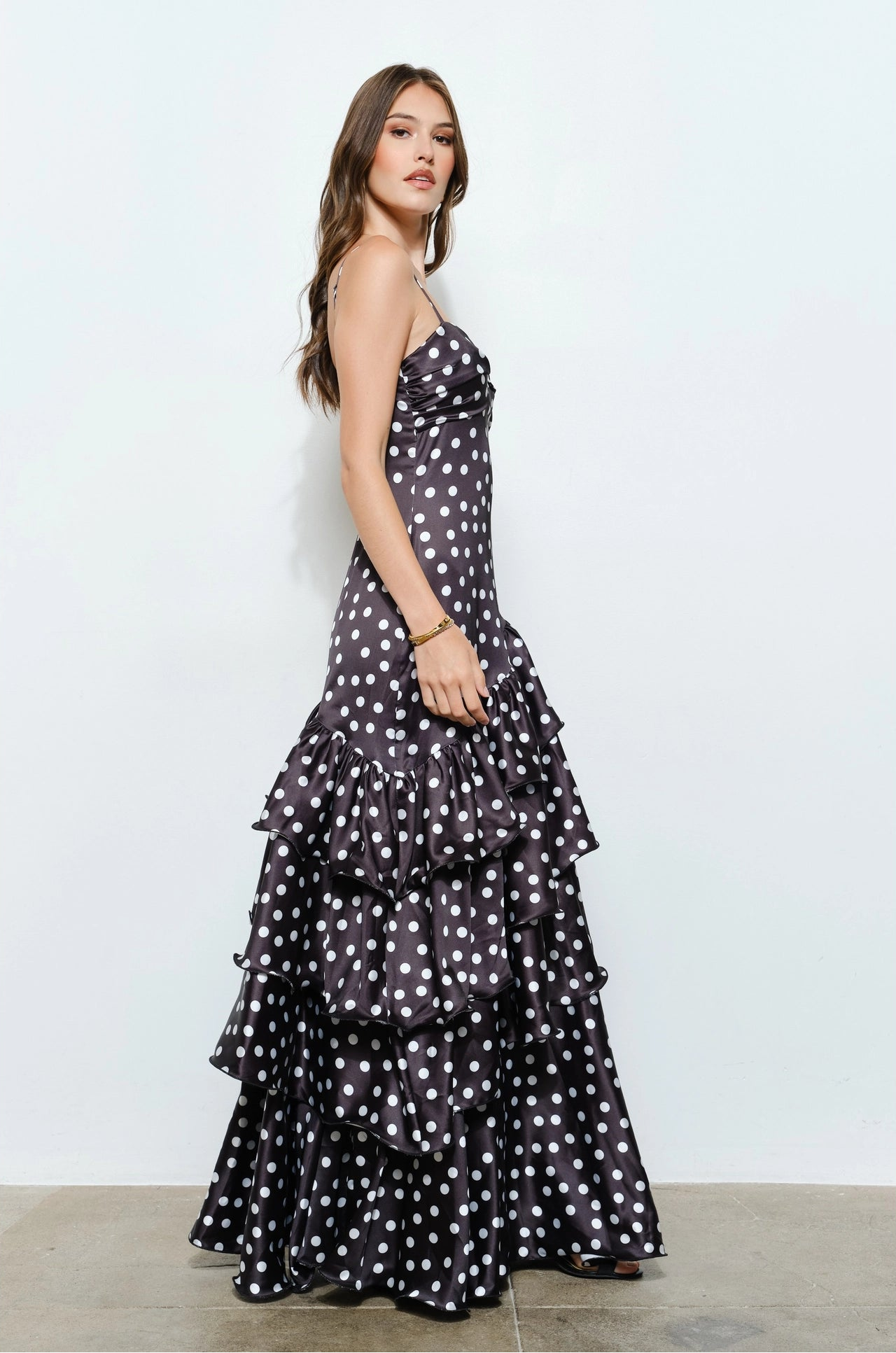 Satin Polka Dot Ruffle Maxi Dress - Black