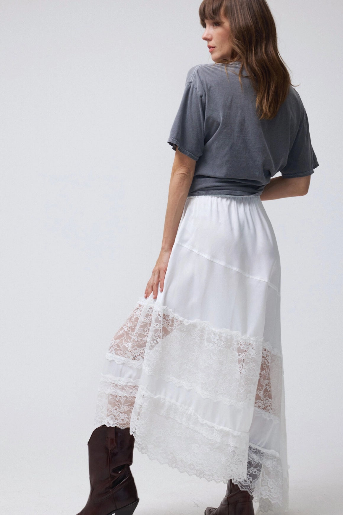 Asymmetrical Lace Satin Midi Skirt