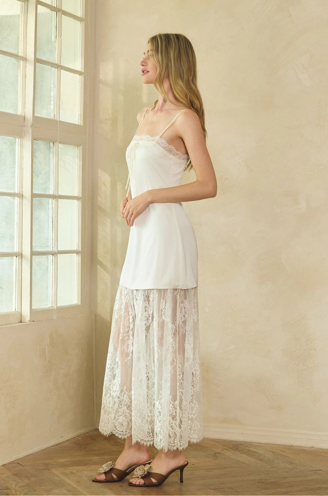 Lace Trim Satin Maxi Slip Dress - White