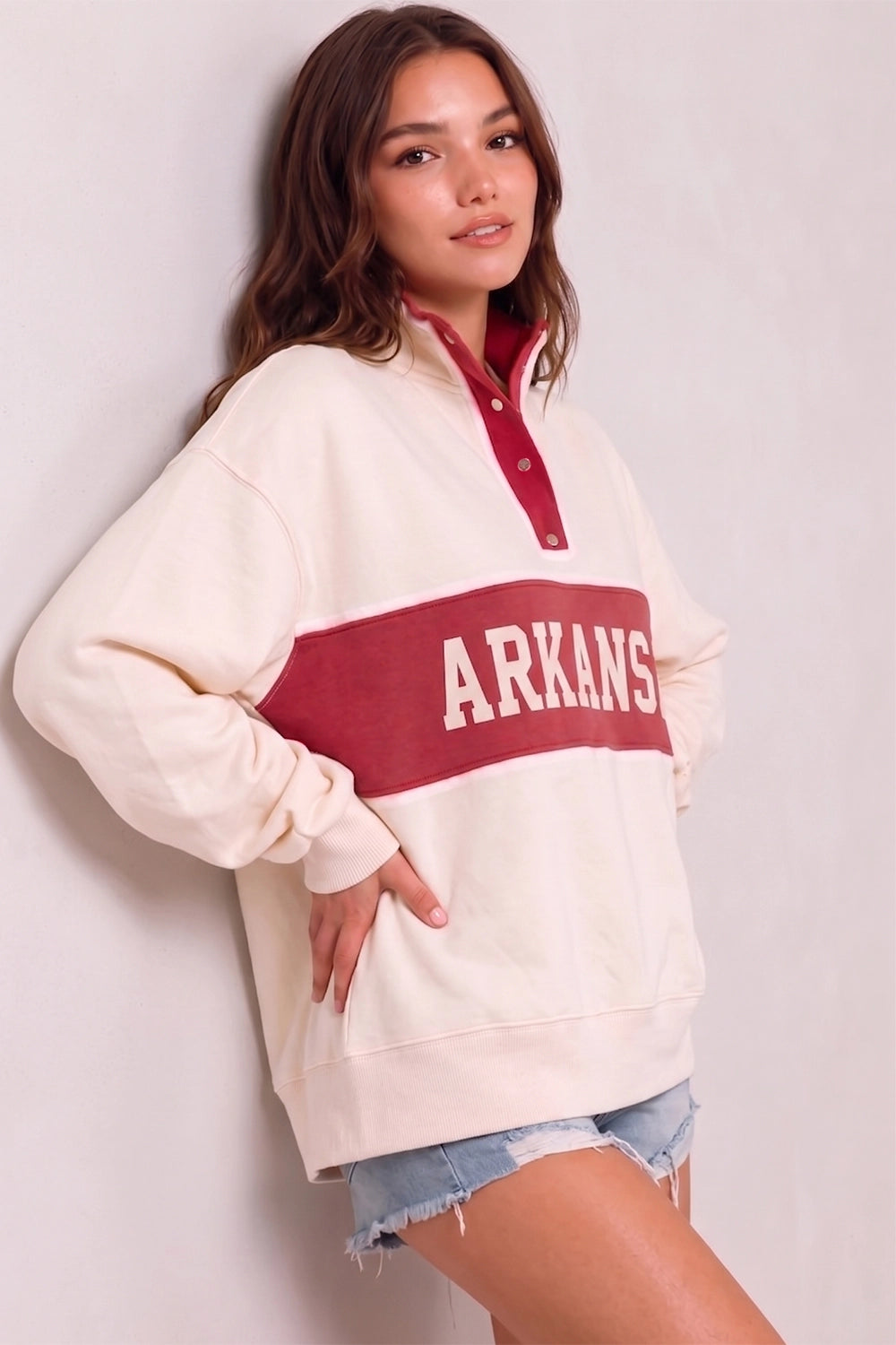 'Arkansas' Varsity Snap Sport Pullover - Cream