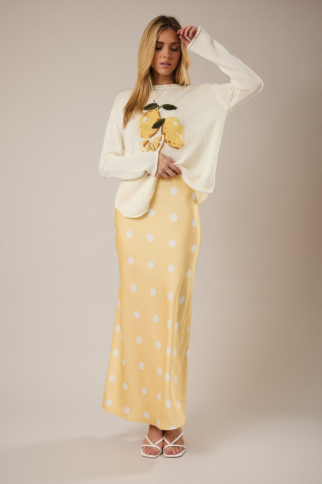 Polka Dot Satin Midi Skirt - Butter