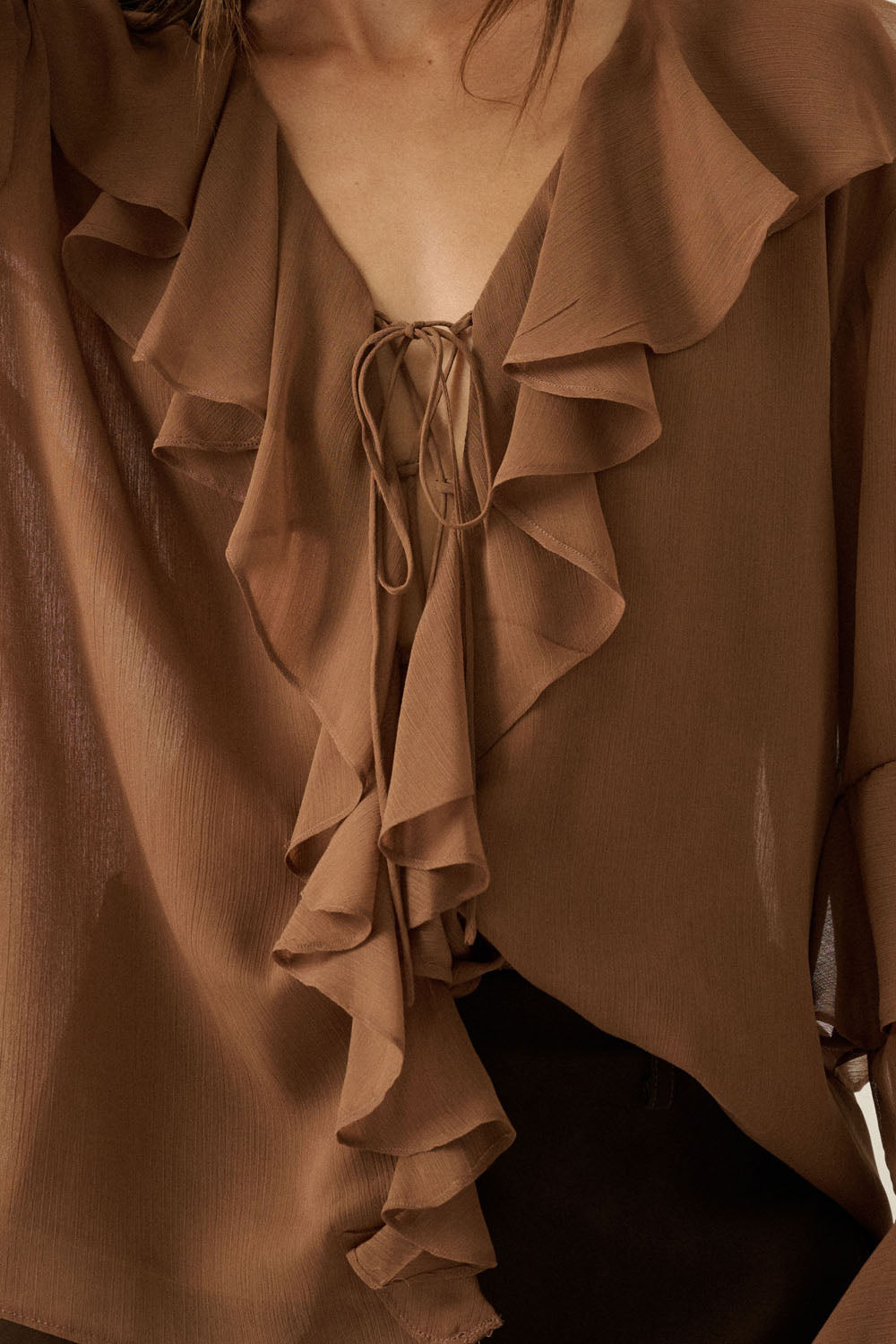 Sheer Chiffon Ruffled Blouse - Brown