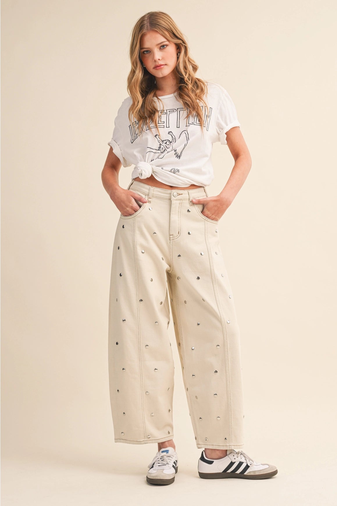 Studded Barrel Jeans - Cream