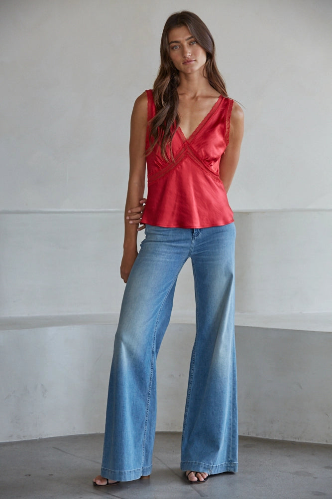 Satin V-Neck Top - Red