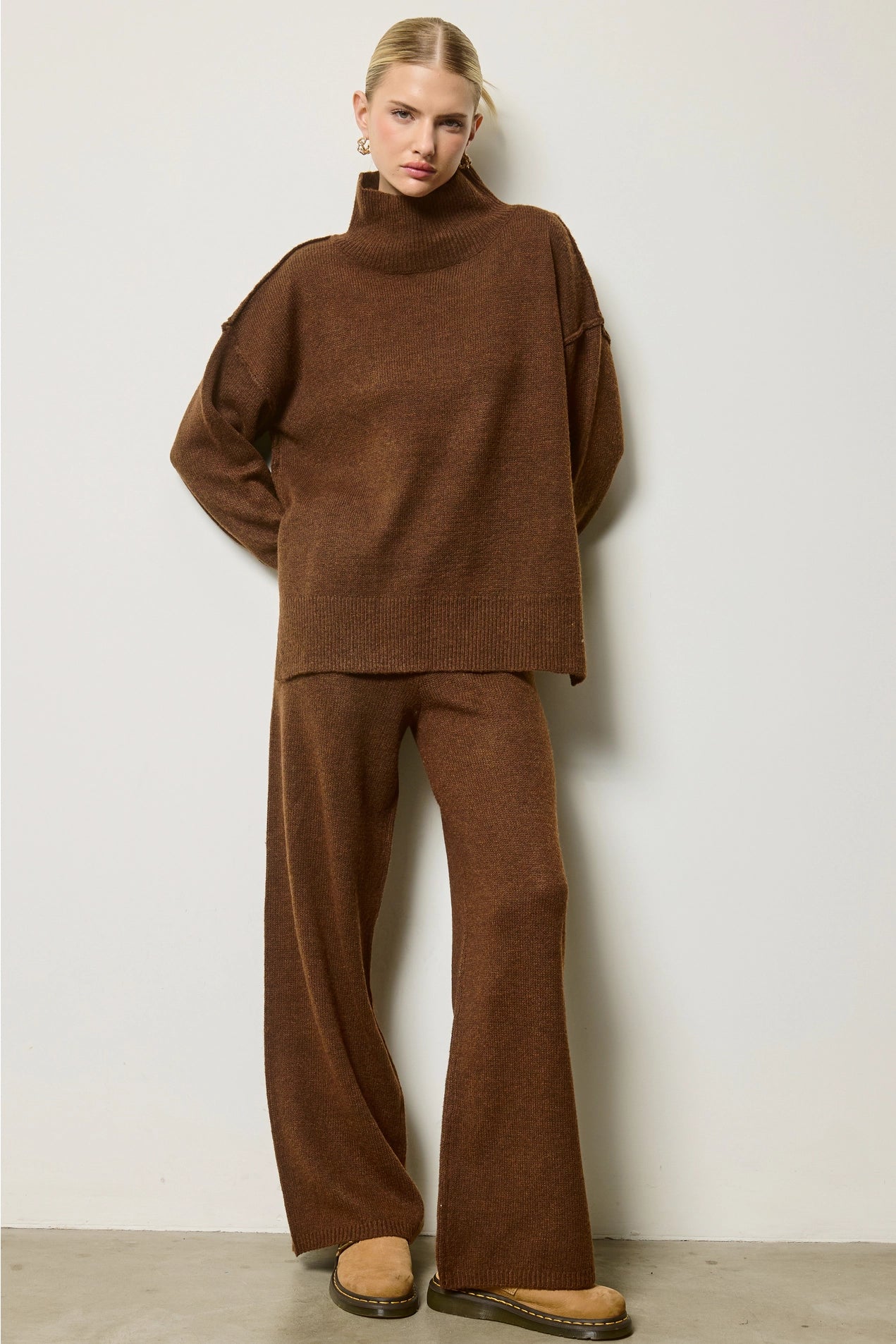 Mock Neck Knit Sweater Set - Chocolate