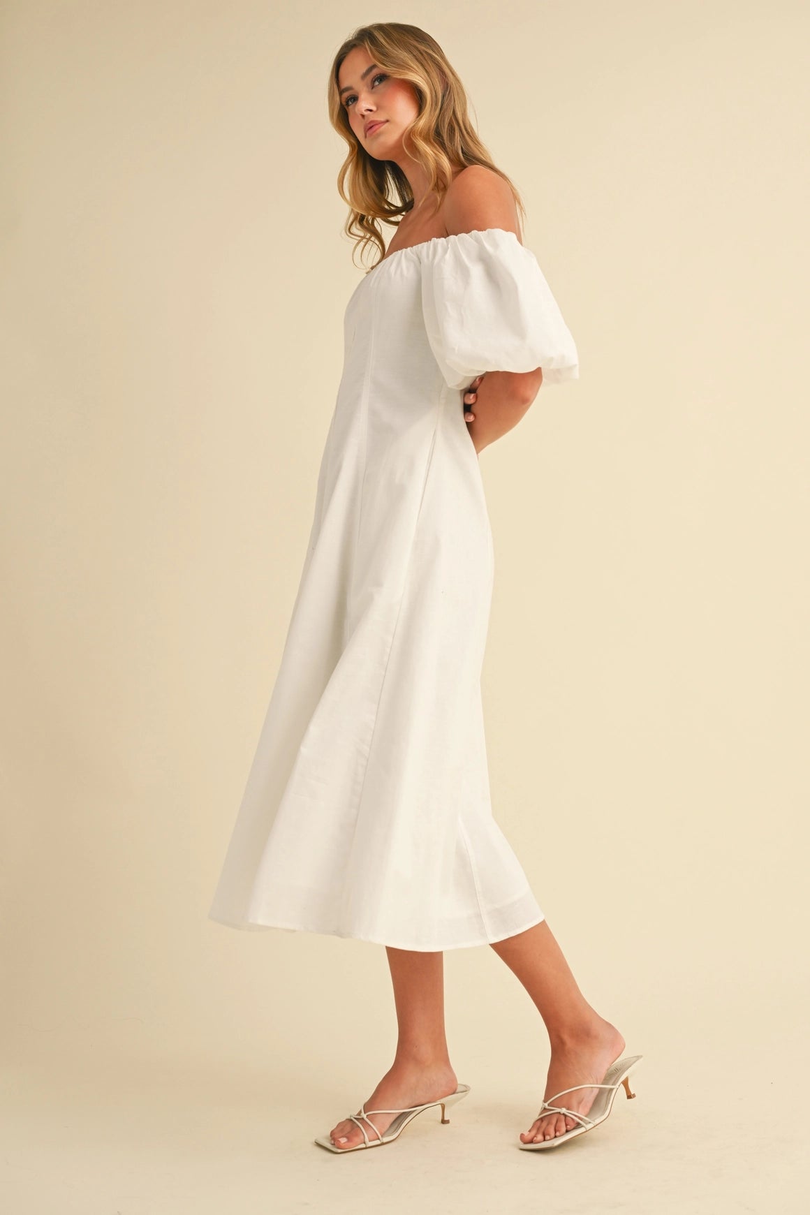 Off Shoulder A-Line Midi Dress - White