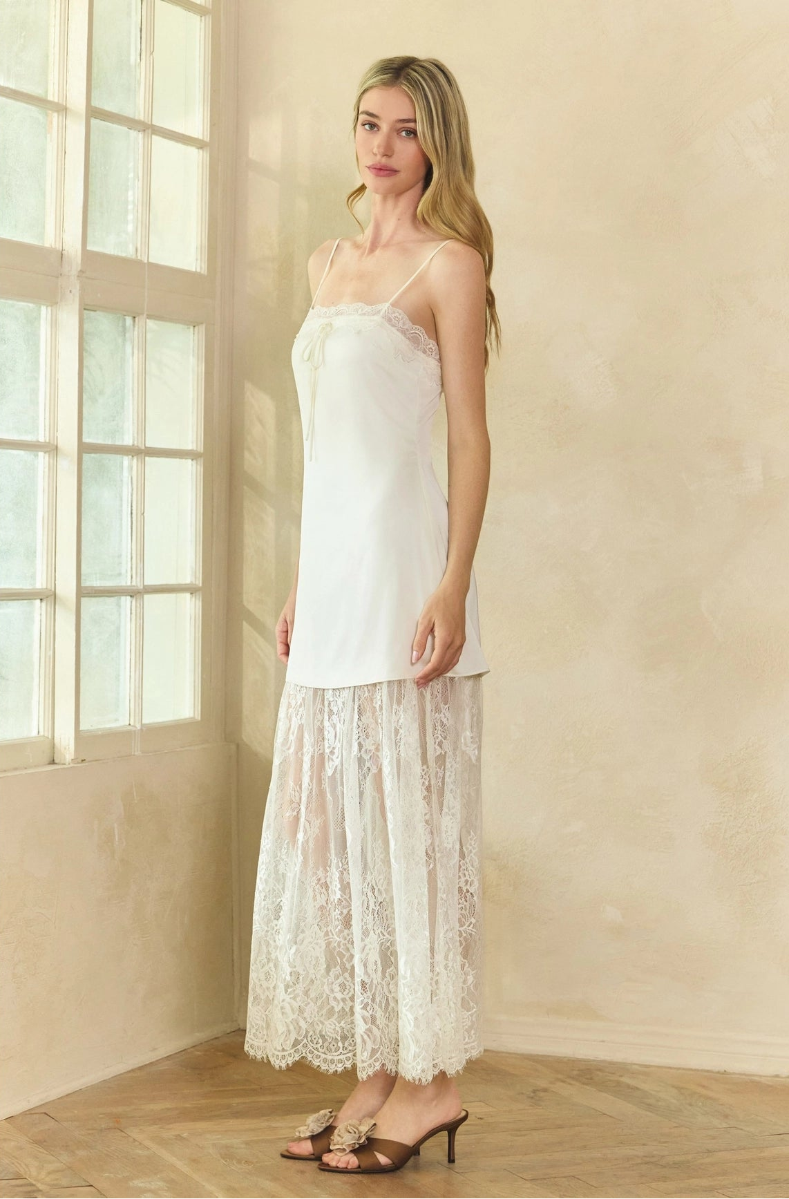 Lace Trim Satin Maxi Slip Dress - White
