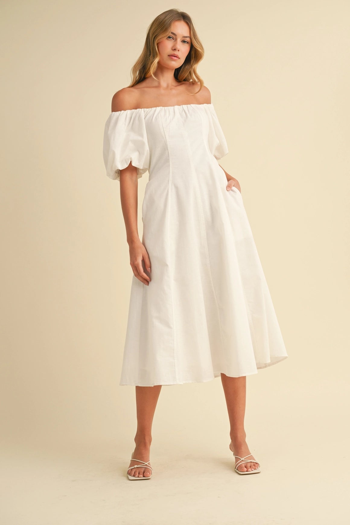 Off Shoulder A-Line Midi Dress - White