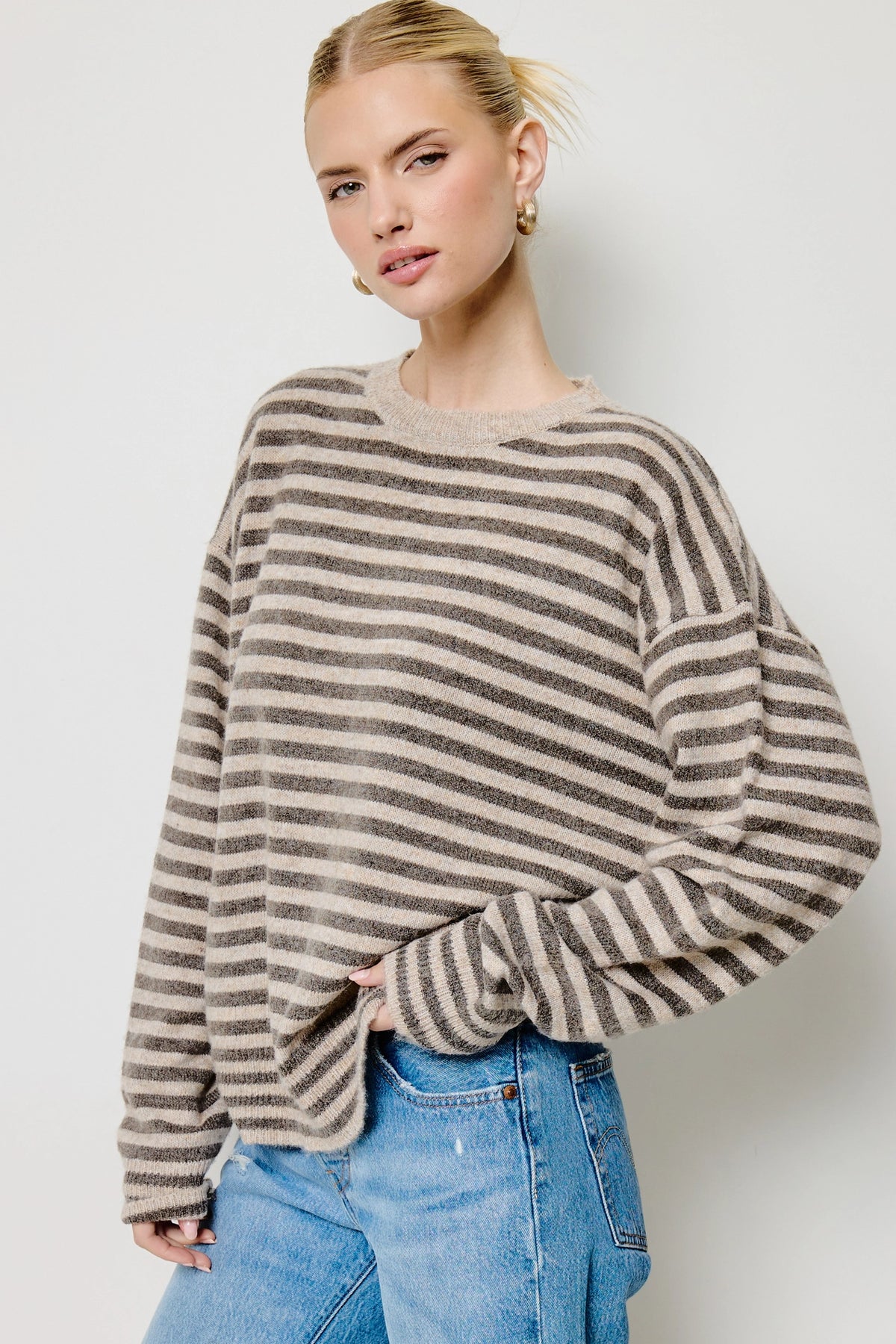 Stripe Knit Sweater Matching Scarf Set