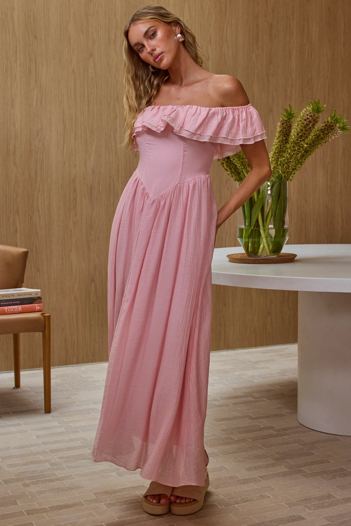 Off Shoulder Corset Maxi Dress - Pink