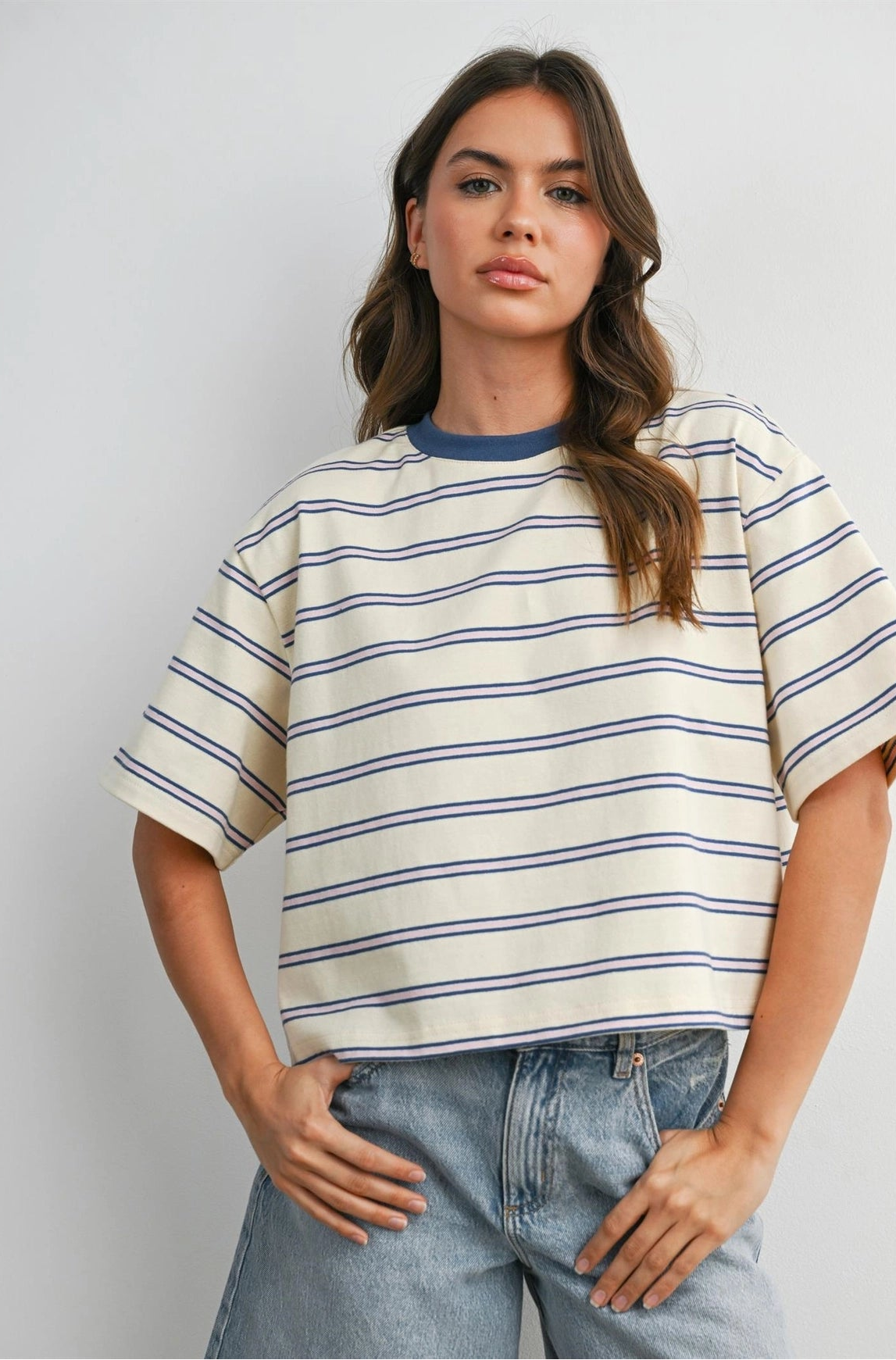 Striped Boxy Cropped Tee - Ivory/Blue