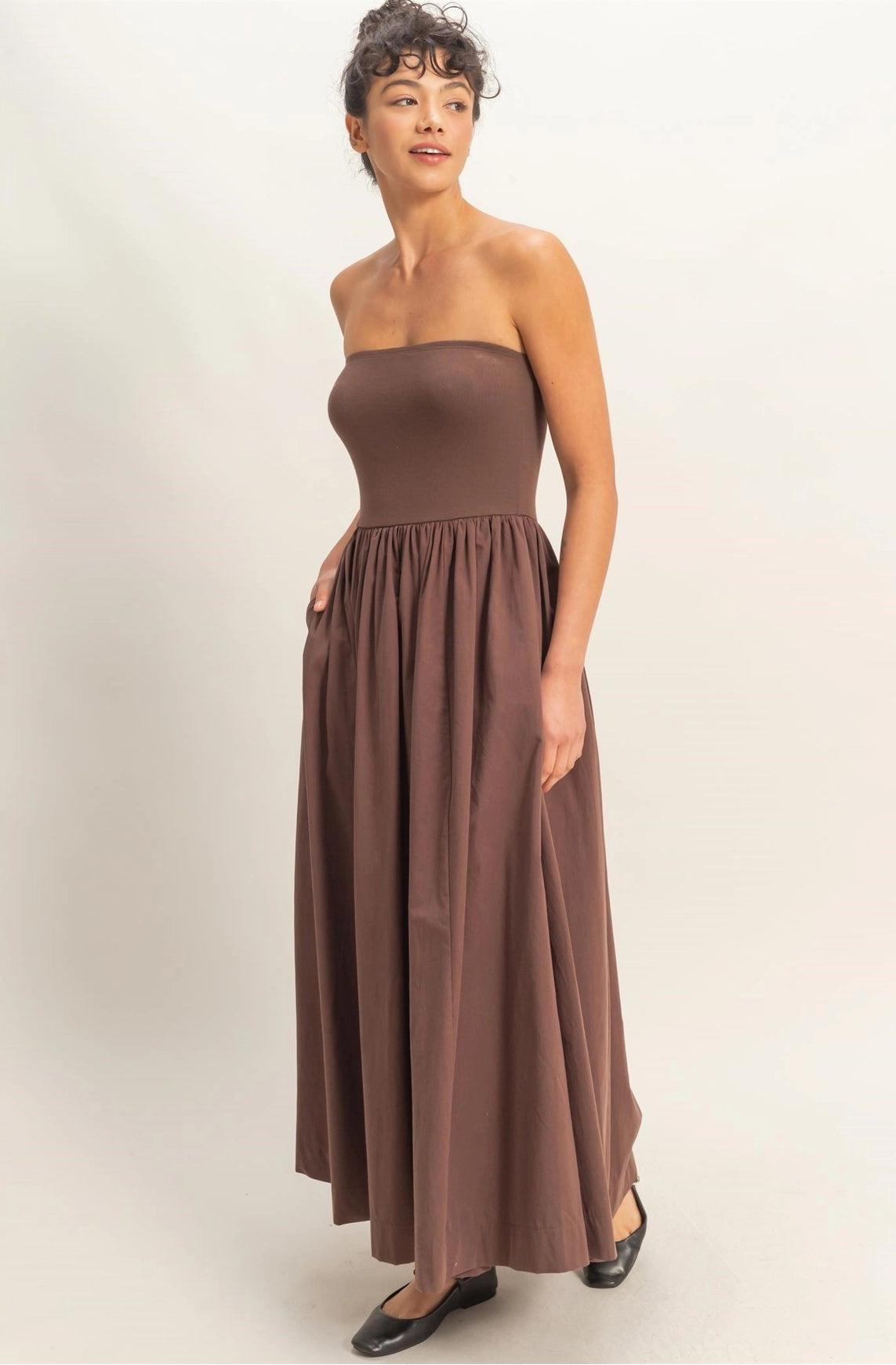 Strapless Flowy Midi Dress - Chocolate