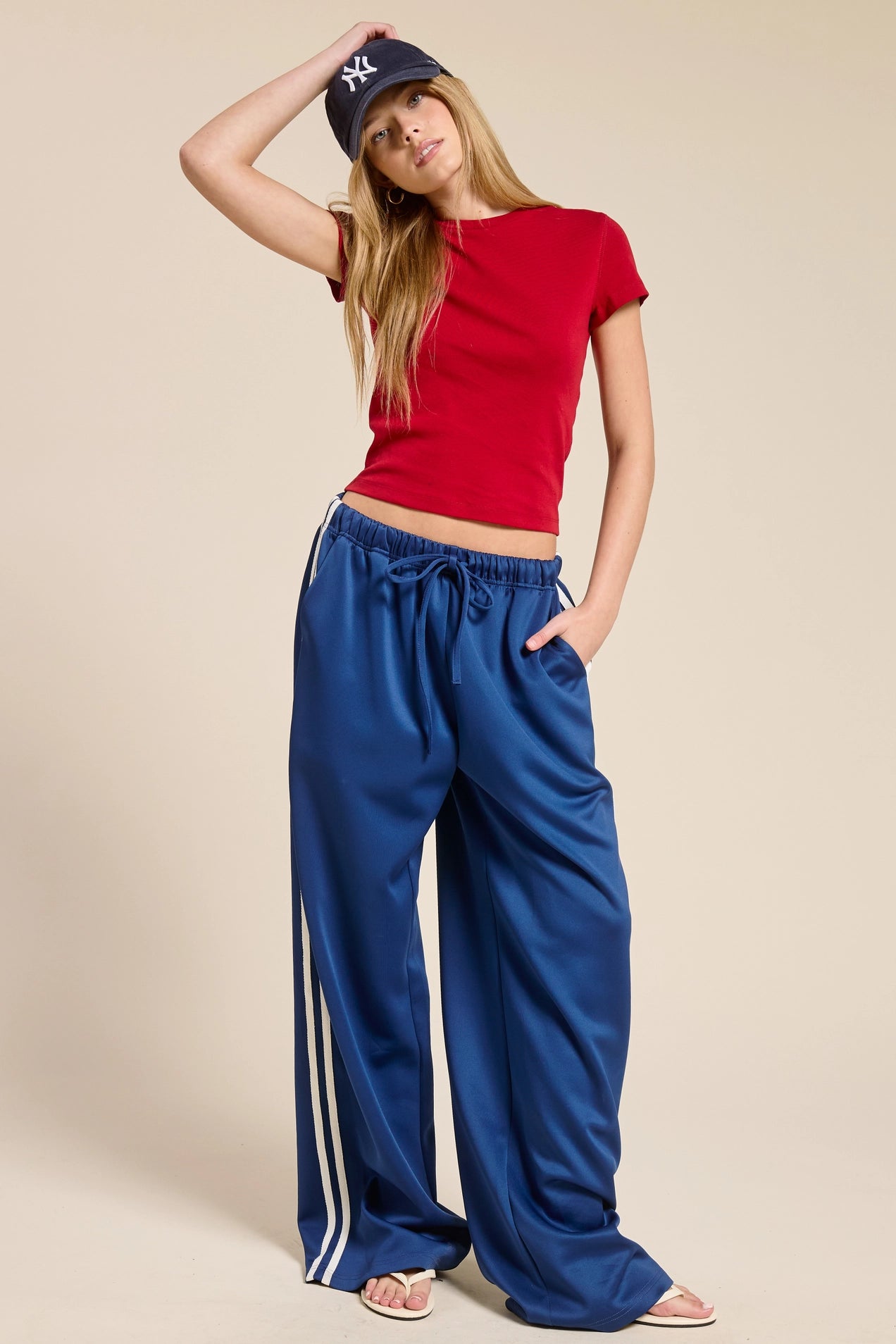 Wide Leg Satin Track Pants - Blue