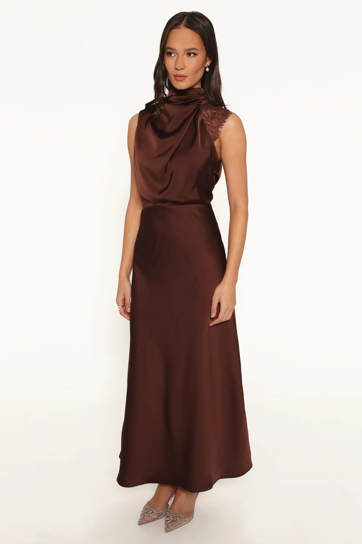 Petal & Pup - Anabelle Halter Neck Lace Maxi Dress - Chocolate Brown