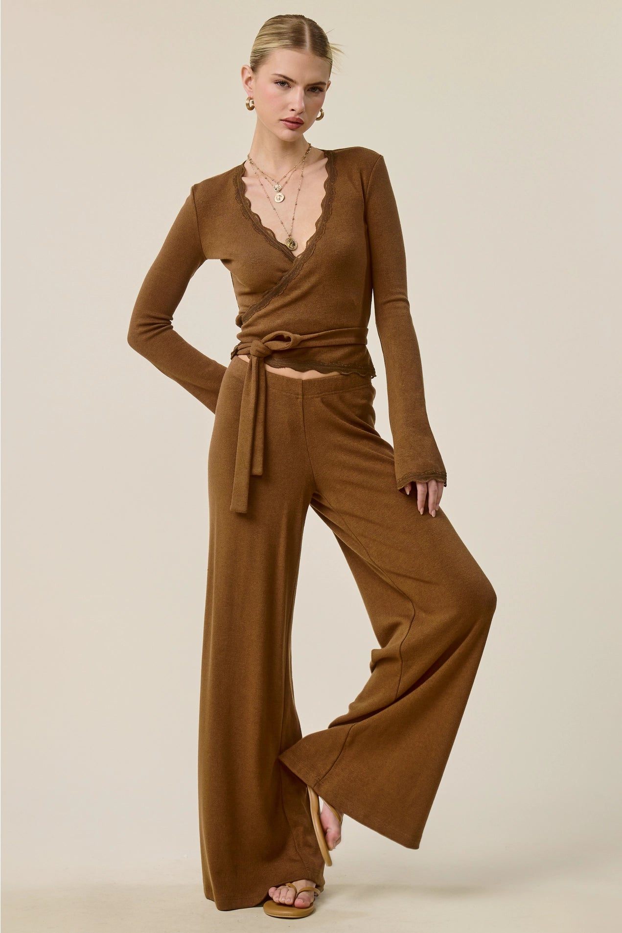 Scallop Wrap Top & Pants Set - Walnut