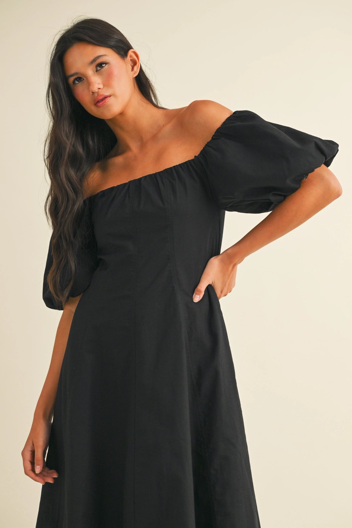 Off Shoulder A-Line Midi Dress - Black