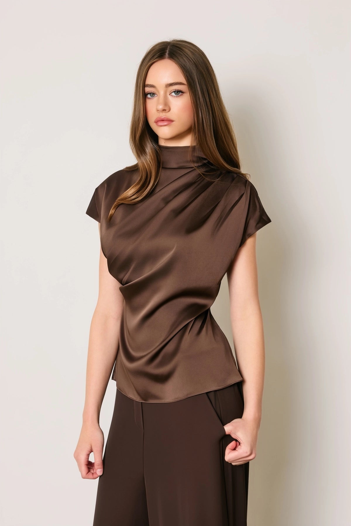 Draped Satin Mock Neck Blouse - Espresso