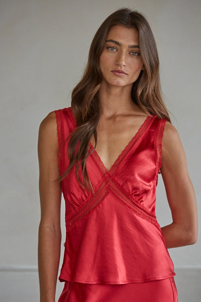 Satin V-Neck Top - Red