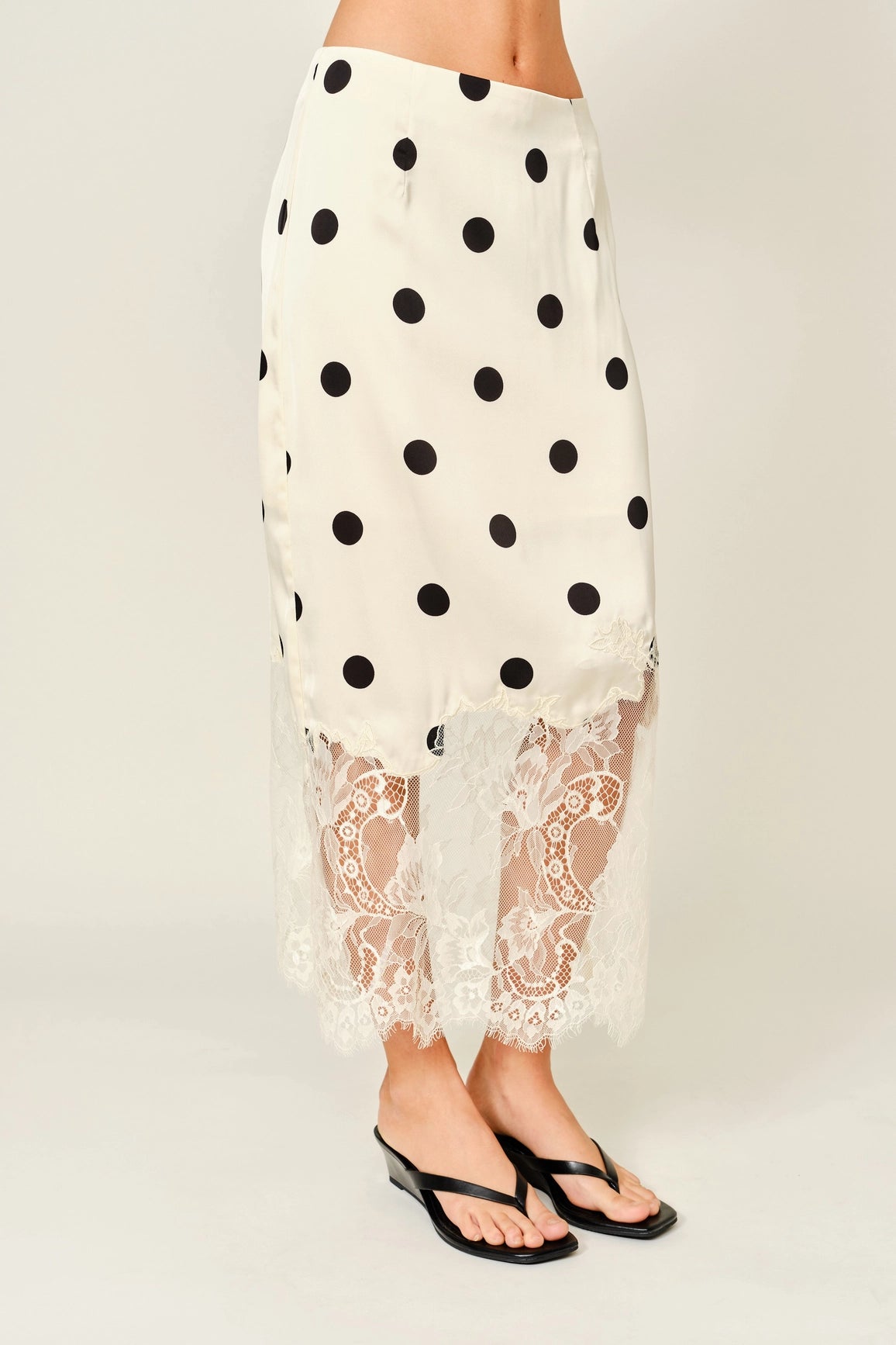 Polka Dot Lace Satin Midi Skirt