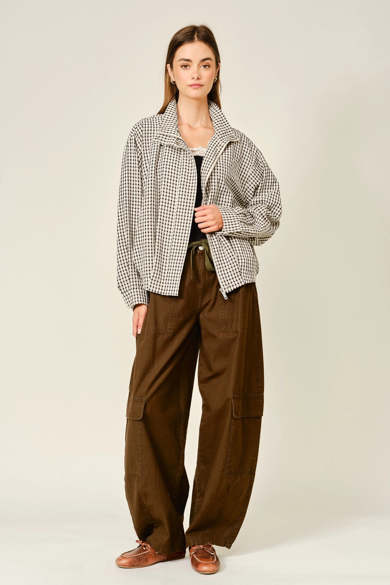Plaid Funnel Neck Bomber Jacket