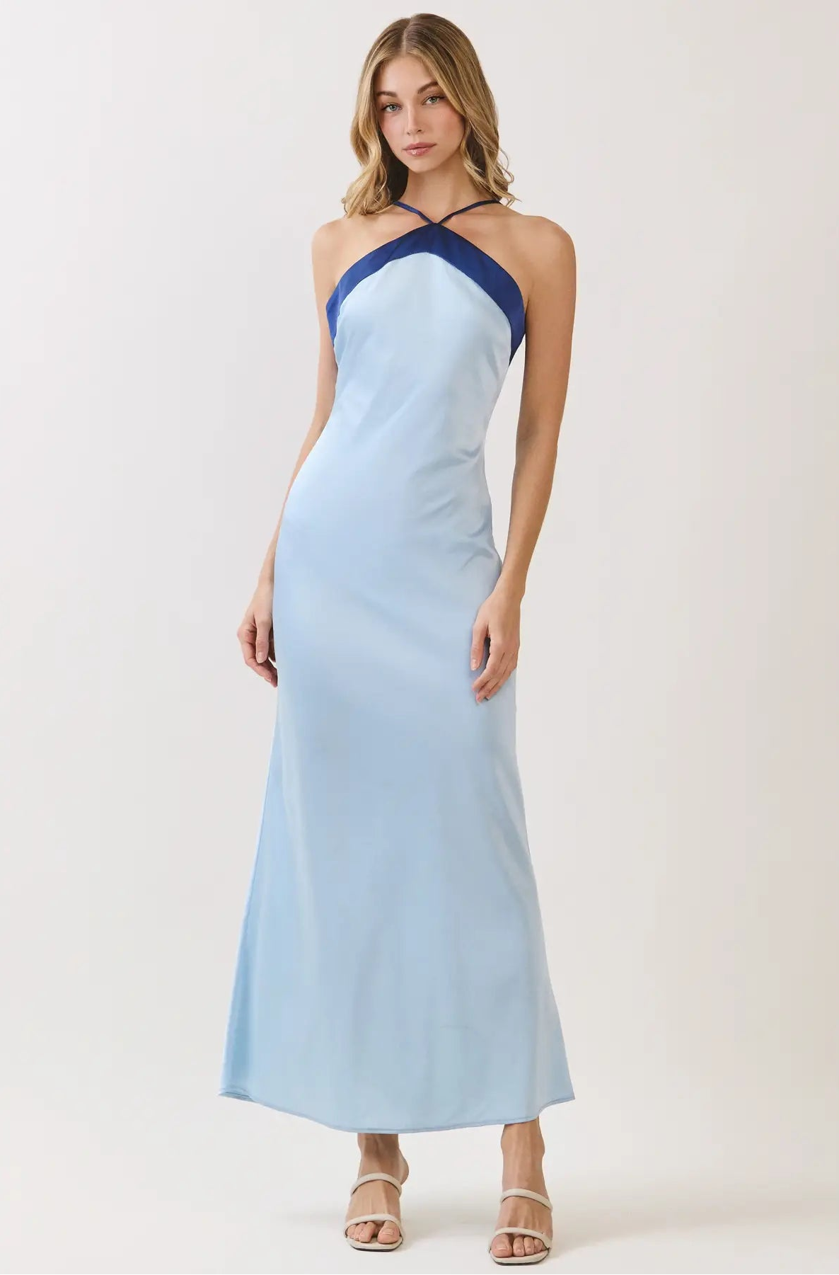 Colorblock Satin Halter Maxi Dress