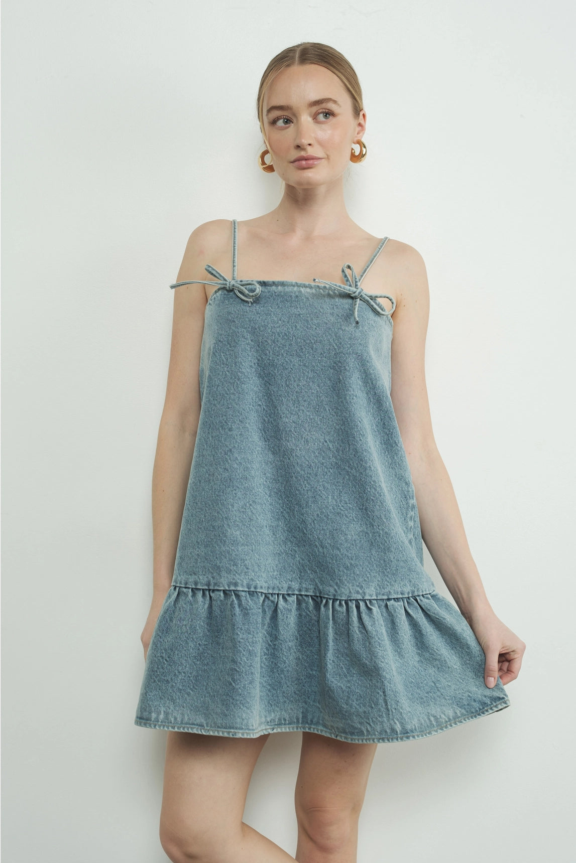 Ribbon Tied Denim Mini Dress