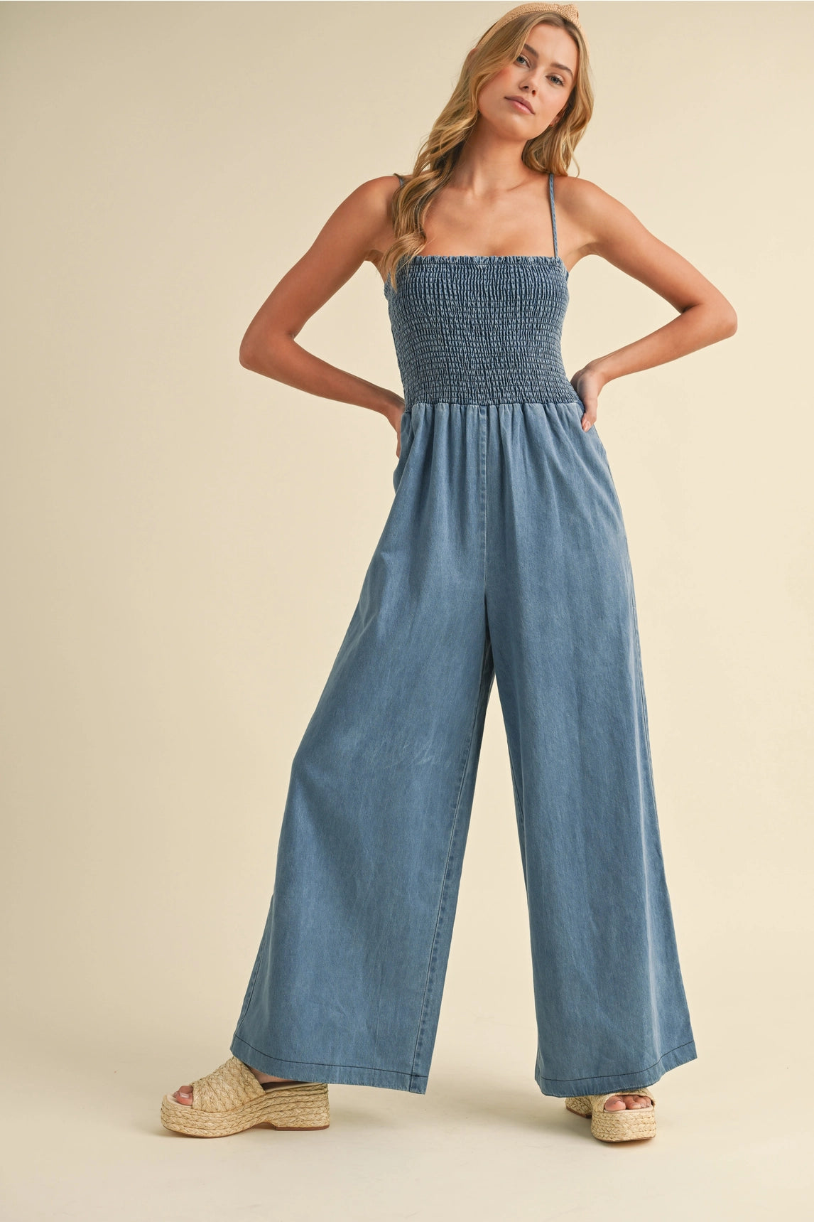 Becca Smocked Denim Jumpsuit