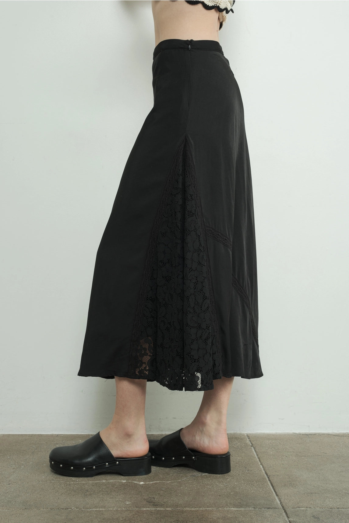 Satin Lace Midi Skirt - Black