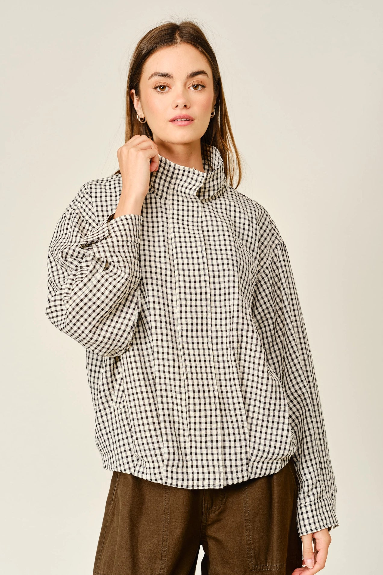 Plaid Funnel Neck Bomber Jacket