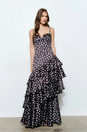 Satin Polka Dot Ruffle Maxi Dress - Black