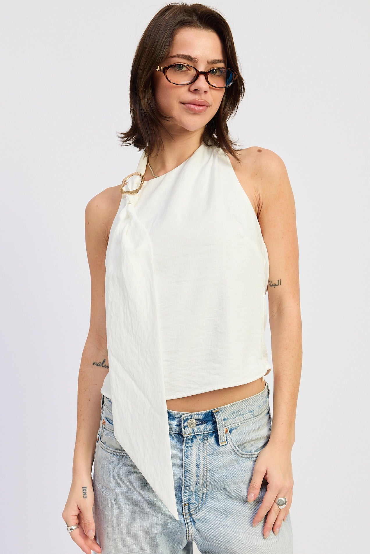 One Shoulder Scarf Top - White