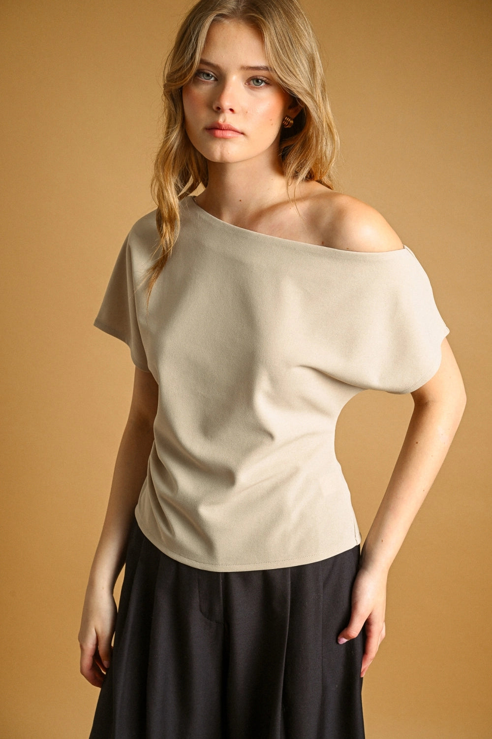 Boat Neck Asymmetric Top - Stone