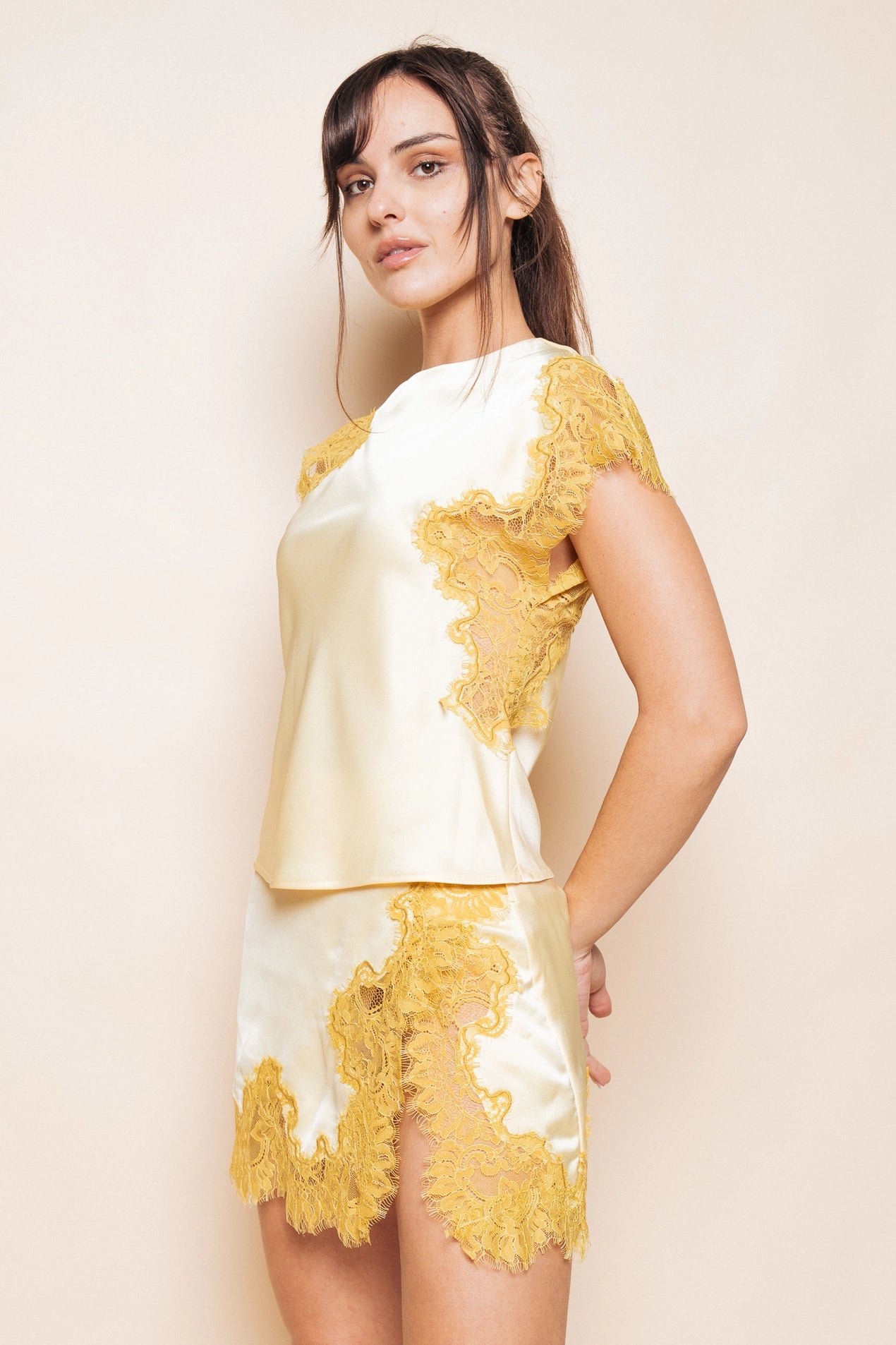 Gold Asymmetrical Lace Panel Top