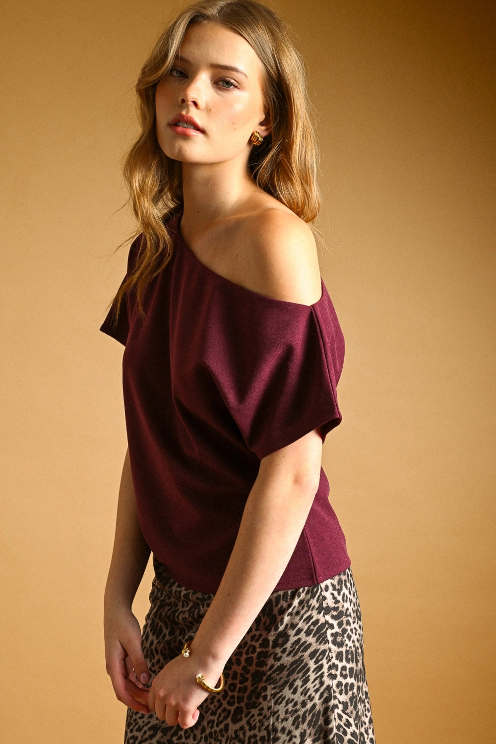 Boat Neck Asymmetric Top - Wine