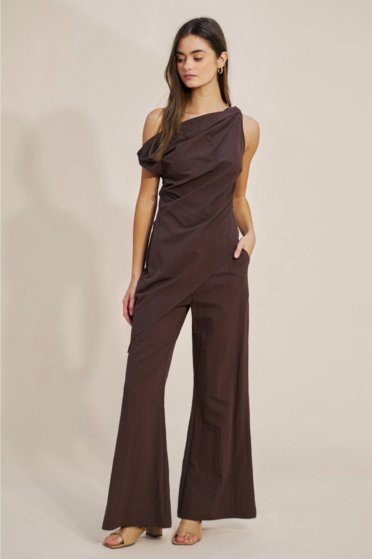 Asymmetrical One Shoulder Top - Brown