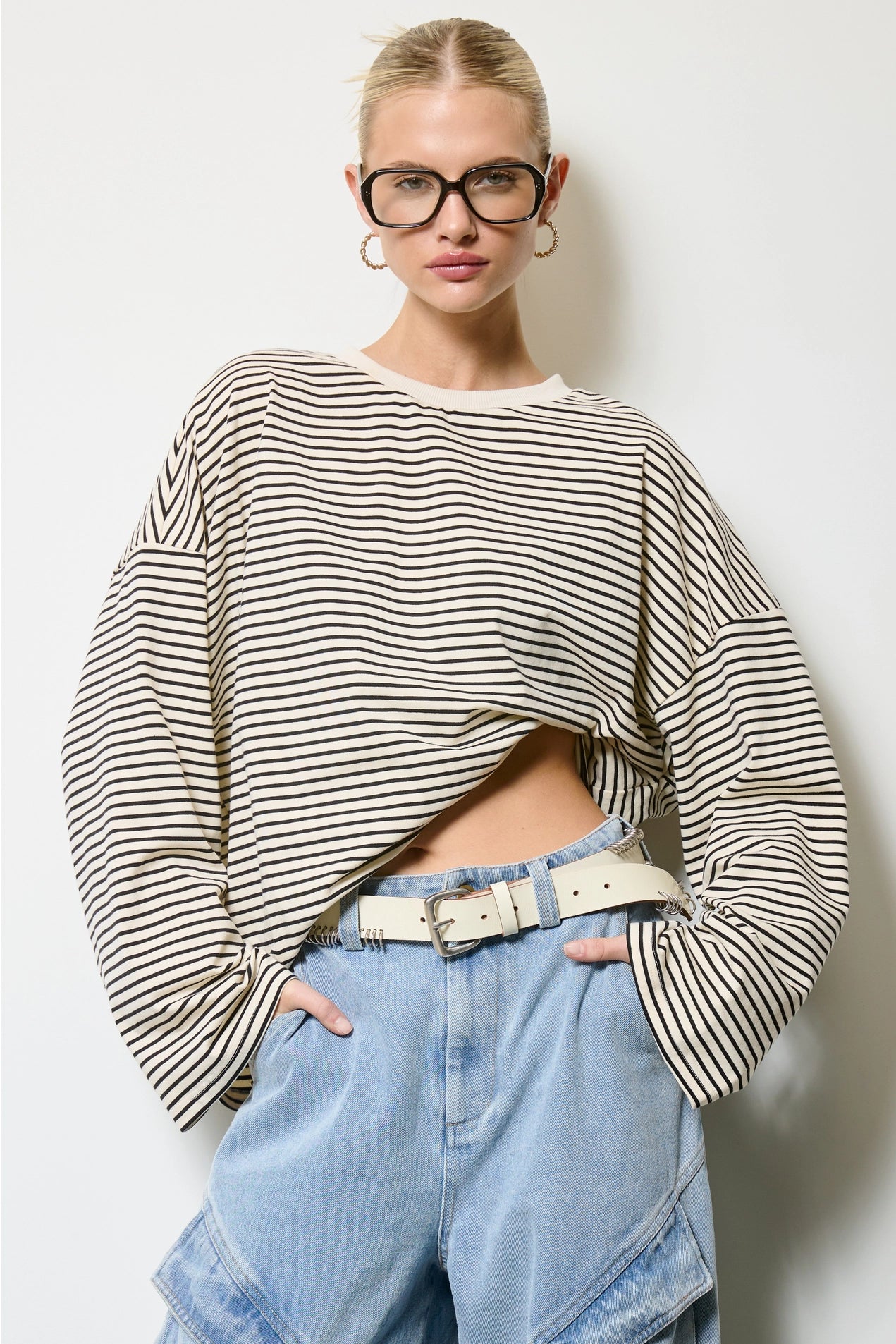 Striped Oversized Long Sleeve Top - Oreo