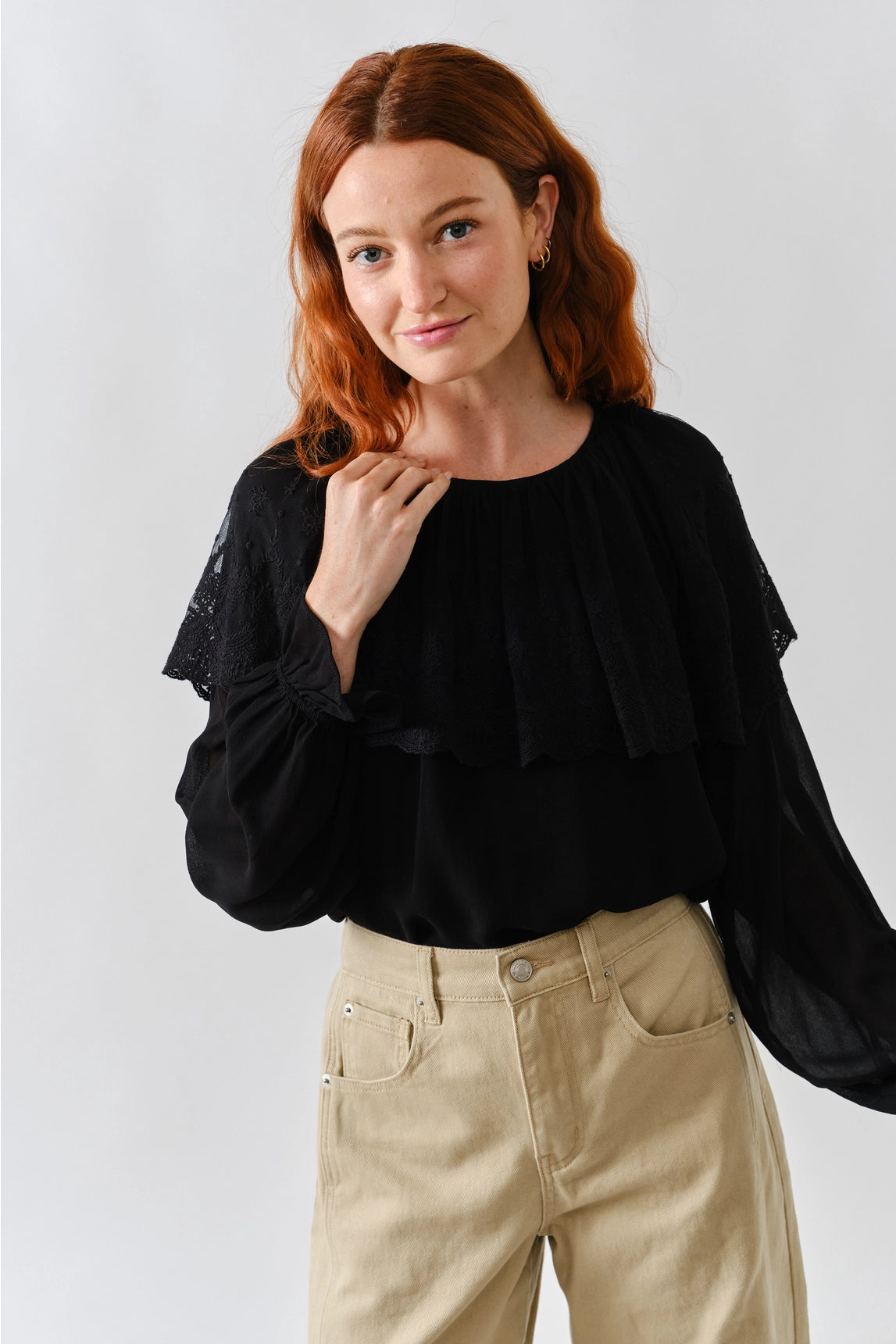 Lace Cape Blouse Top - Black
