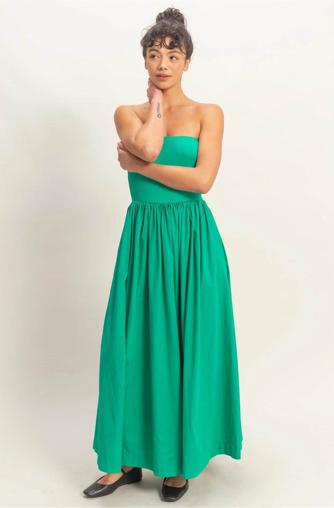Strapless Flowy Midi Dress - Green