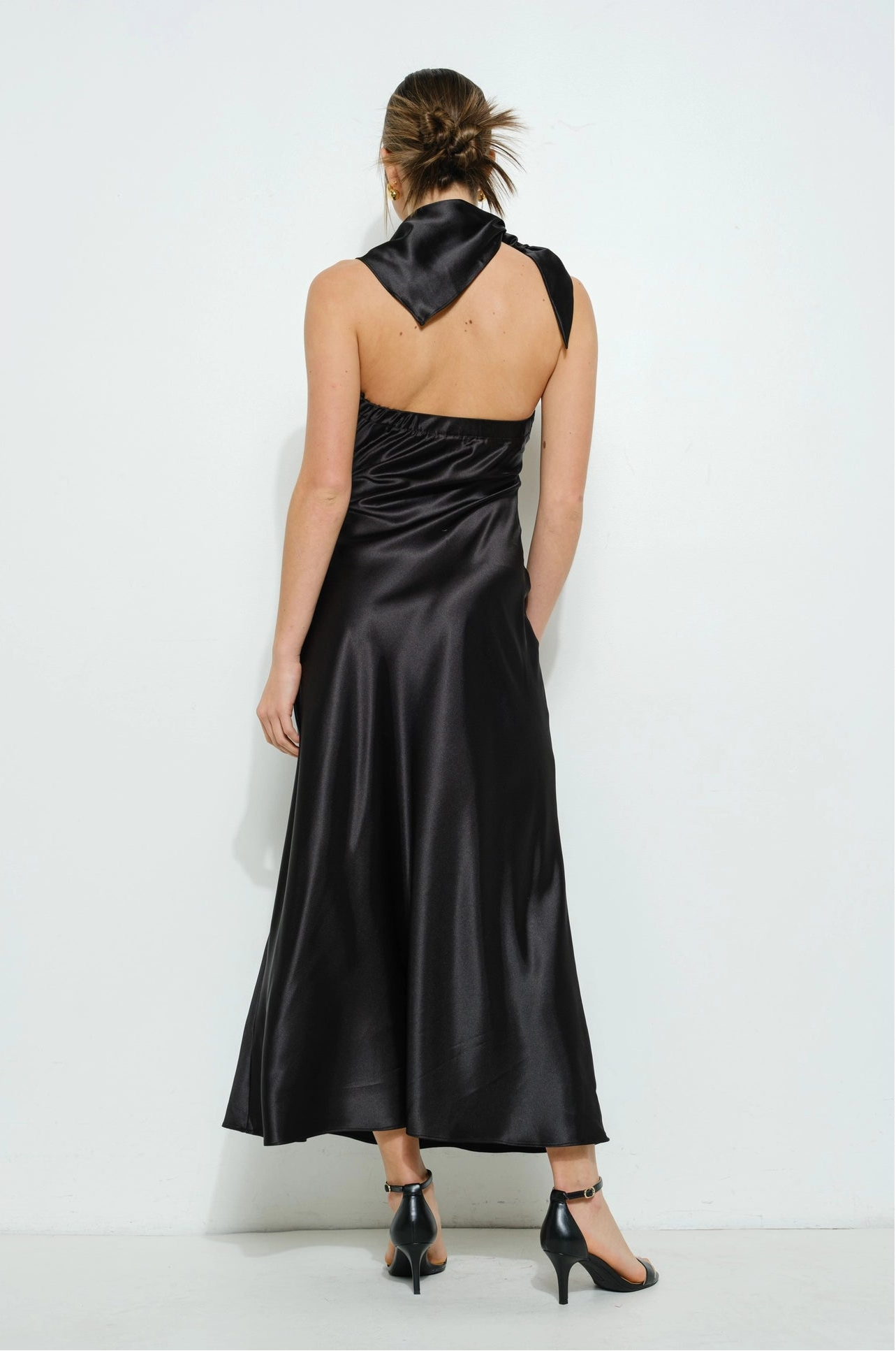 Satin Cowl Halter Neck Maxi Dress - Black