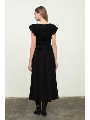 Shirred V Neck Midi Dress