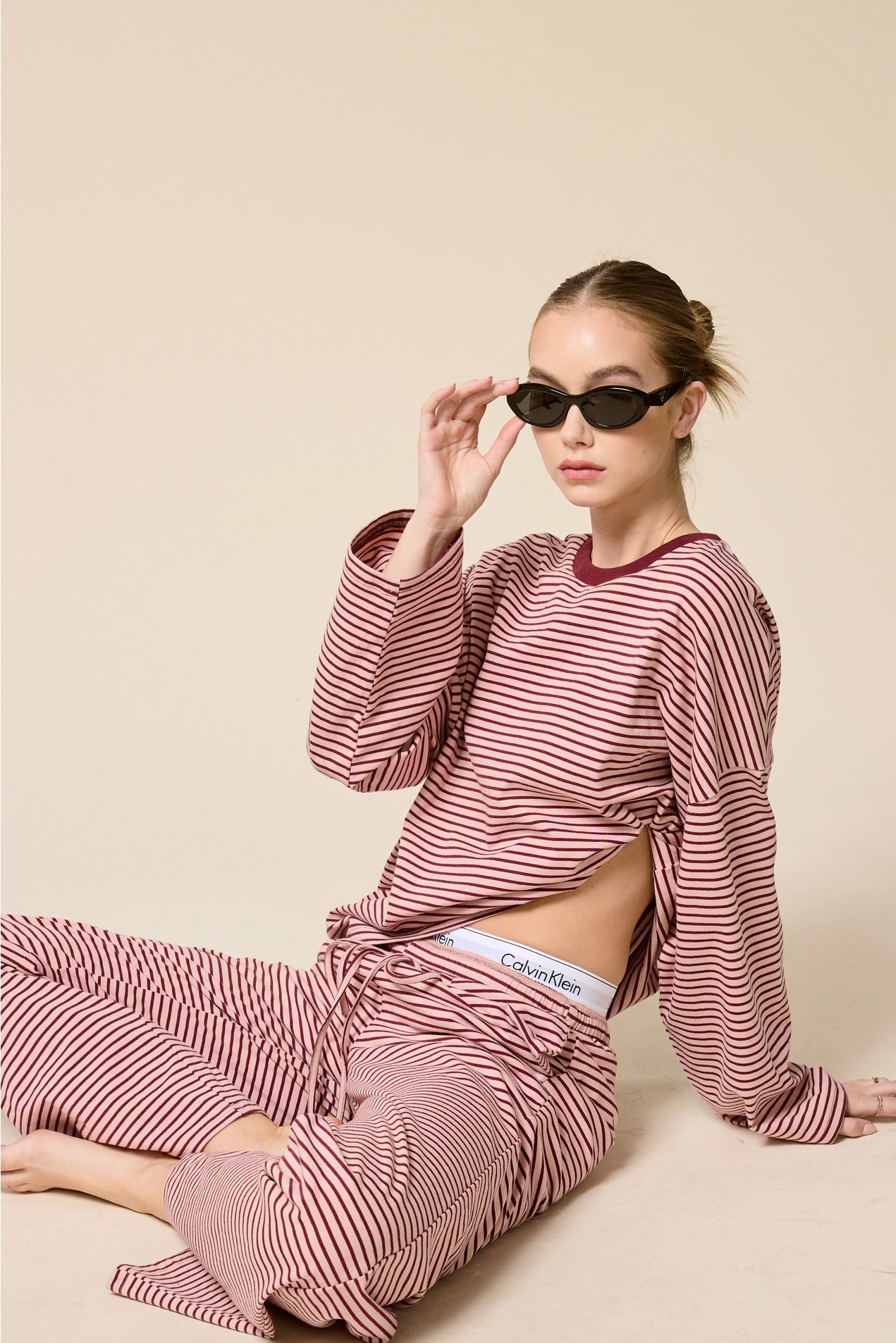 Striped Oversized Long Sleeve Top - Berry