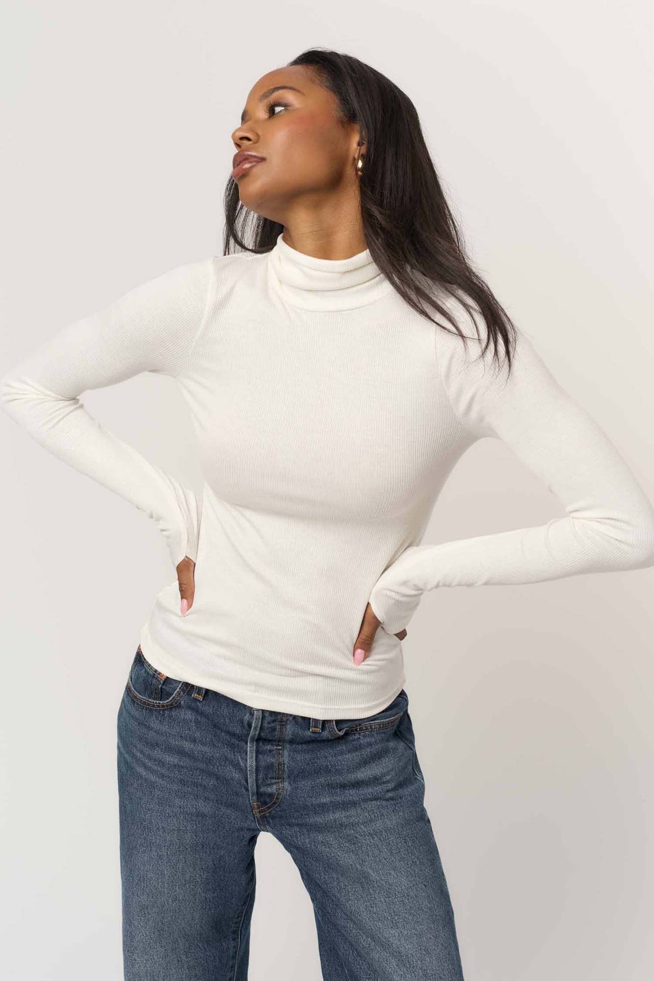 Olive Ribbed Turtleneck - White