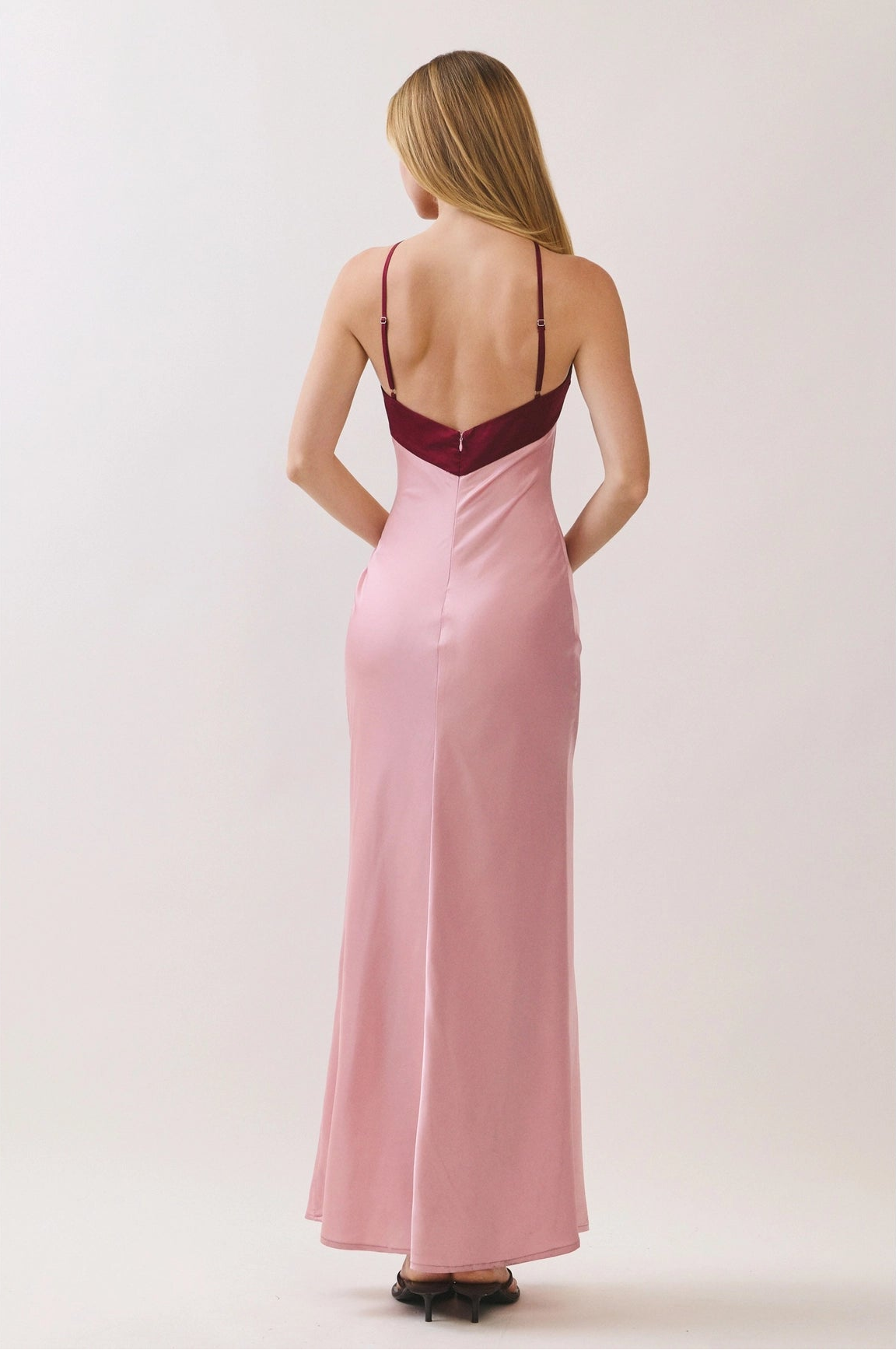 Colorblock Satin Halter Maxi Dress - Pink